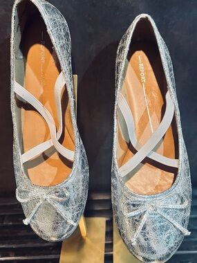 Report Metallic Silver Crackle Ballet Flats with Crisscross Elastic